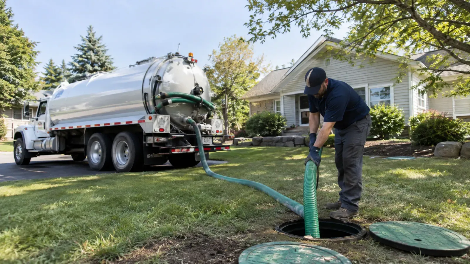 Technician guiding a suction hose into an open septic tank beside a vacuum truck in a residential yard